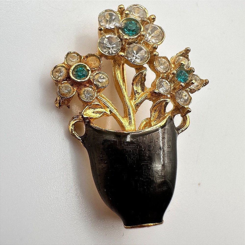 Vintage 90s Gold Tone Flower Vase Teal Clear Rhinestone Brooch Pin Jewelry
